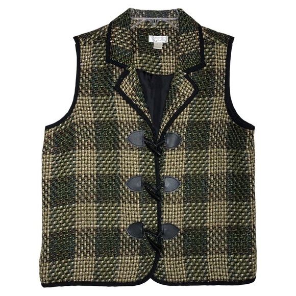 CHRISTOPHER & BANKS - Olive Green, Tan, Black & Blue Tweed Button Front Vest - L - Picture 1 of 7